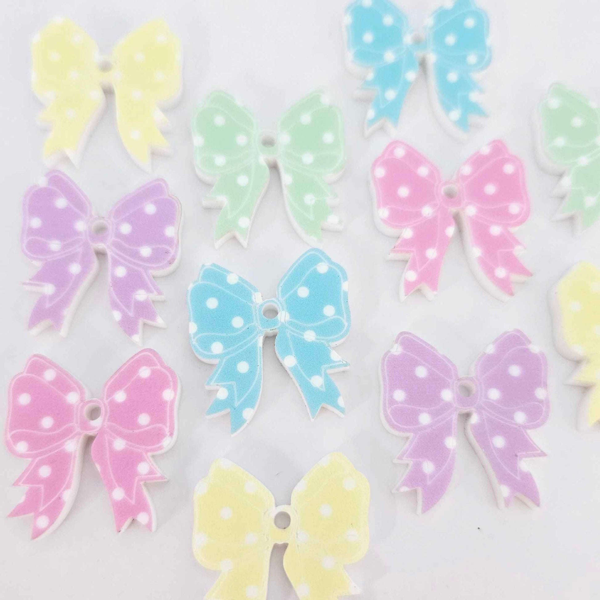 pastel yellow pink purple blue green polka dot bows Valentines Day Easter Christmas ribbon DIY earring supplies laser cut acrylic dangles blanks mixed pack