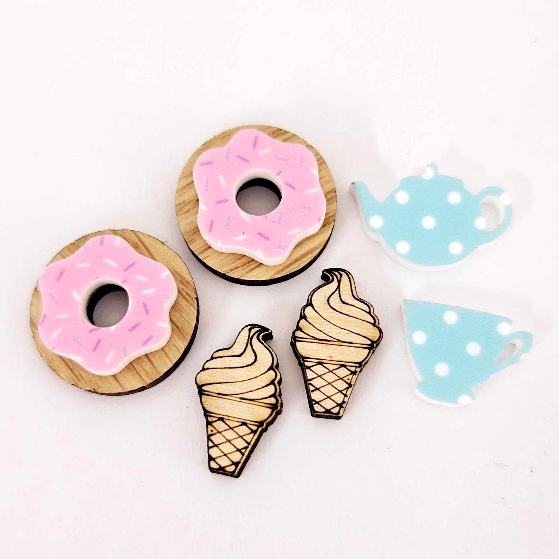 sweet treats DIY earring kit donuts ice-creams coffee tea macarons cupcakes supplies laser cut acrylic dangles studs blanks findings glue craft UV print wood