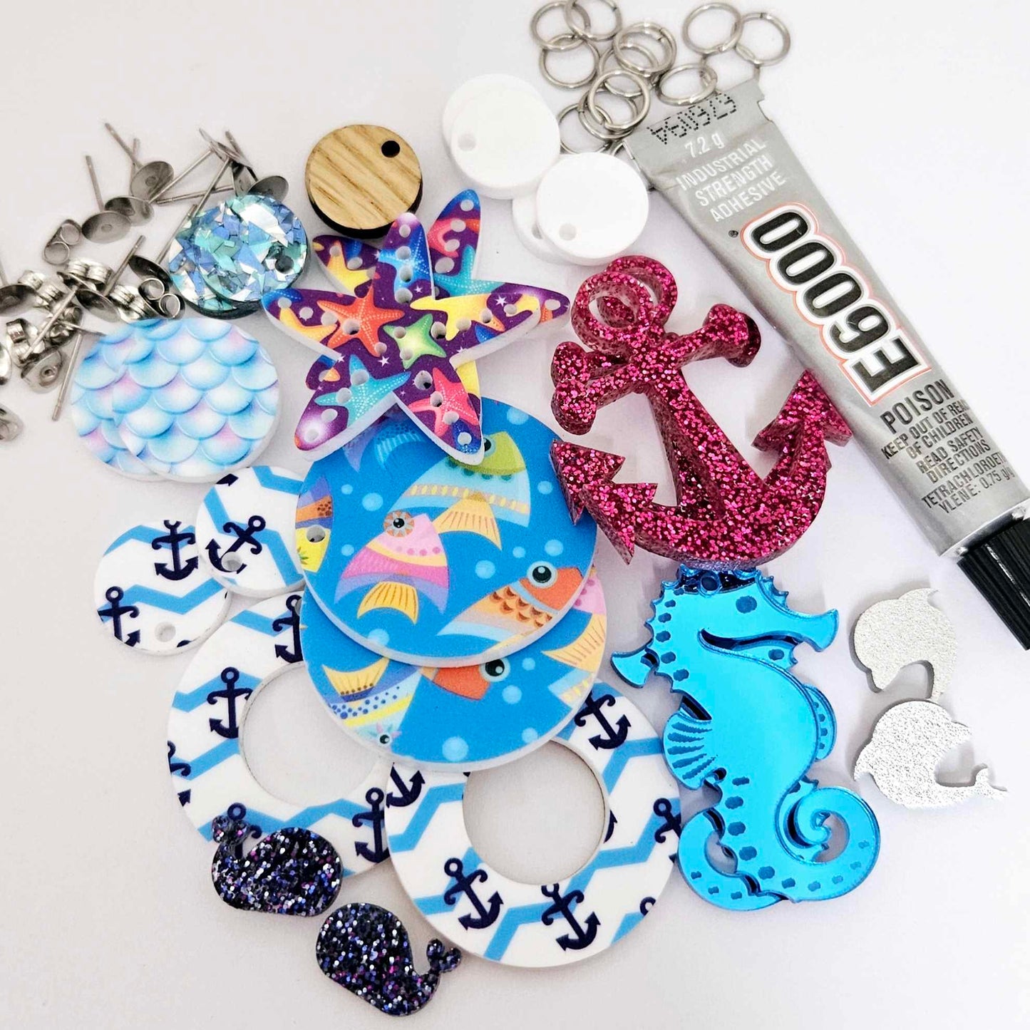 Under the sea seahorse anchor starfish mermaid dolphin whale fish DIY earring kit laser cut acrylic dangles studs blanks glue findings craft