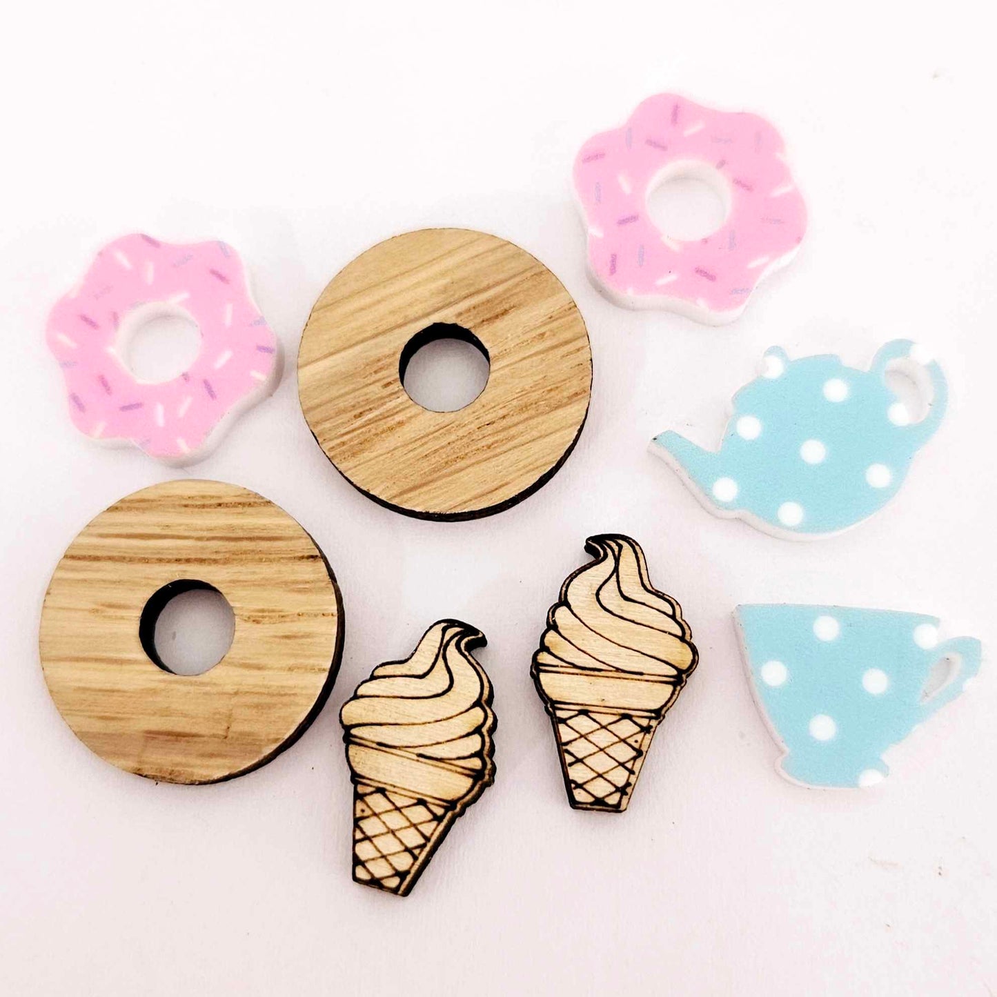 sweet treats DIY earring kit donuts ice-creams coffee tea macarons cupcakes supplies laser cut acrylic dangles studs blanks findings glue craft UV print wood
