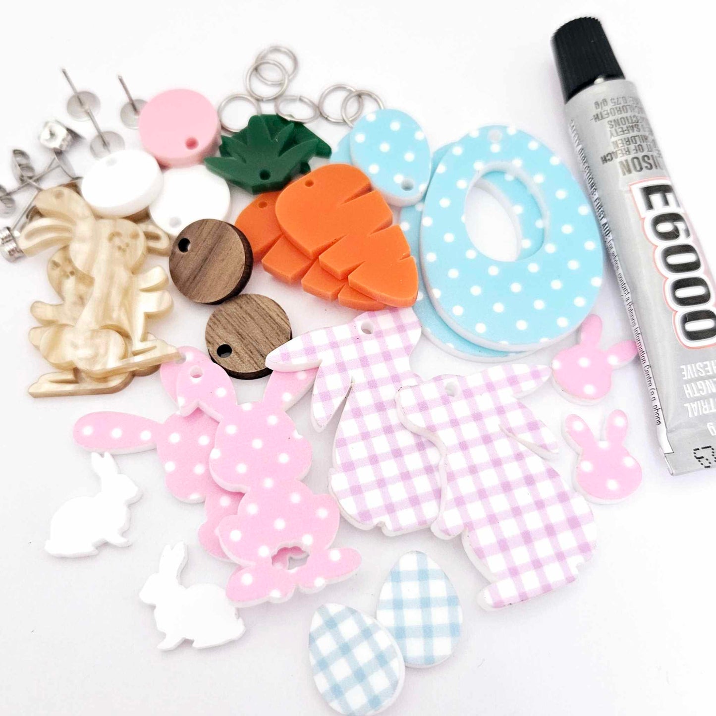 DIY earring kit laser cut acrylic supplies Easter bunny egg carrot findings glue create you own craft
