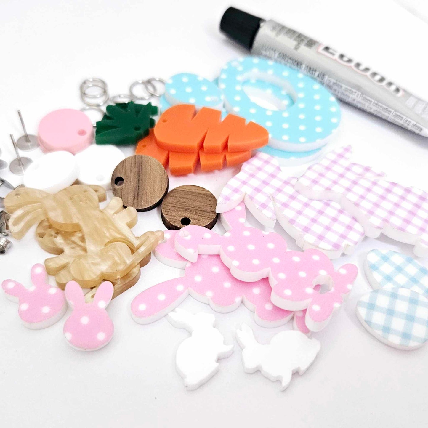 DIY earring kit laser cut acrylic supplies Easter bunny egg carrot findings glue create you own craft
