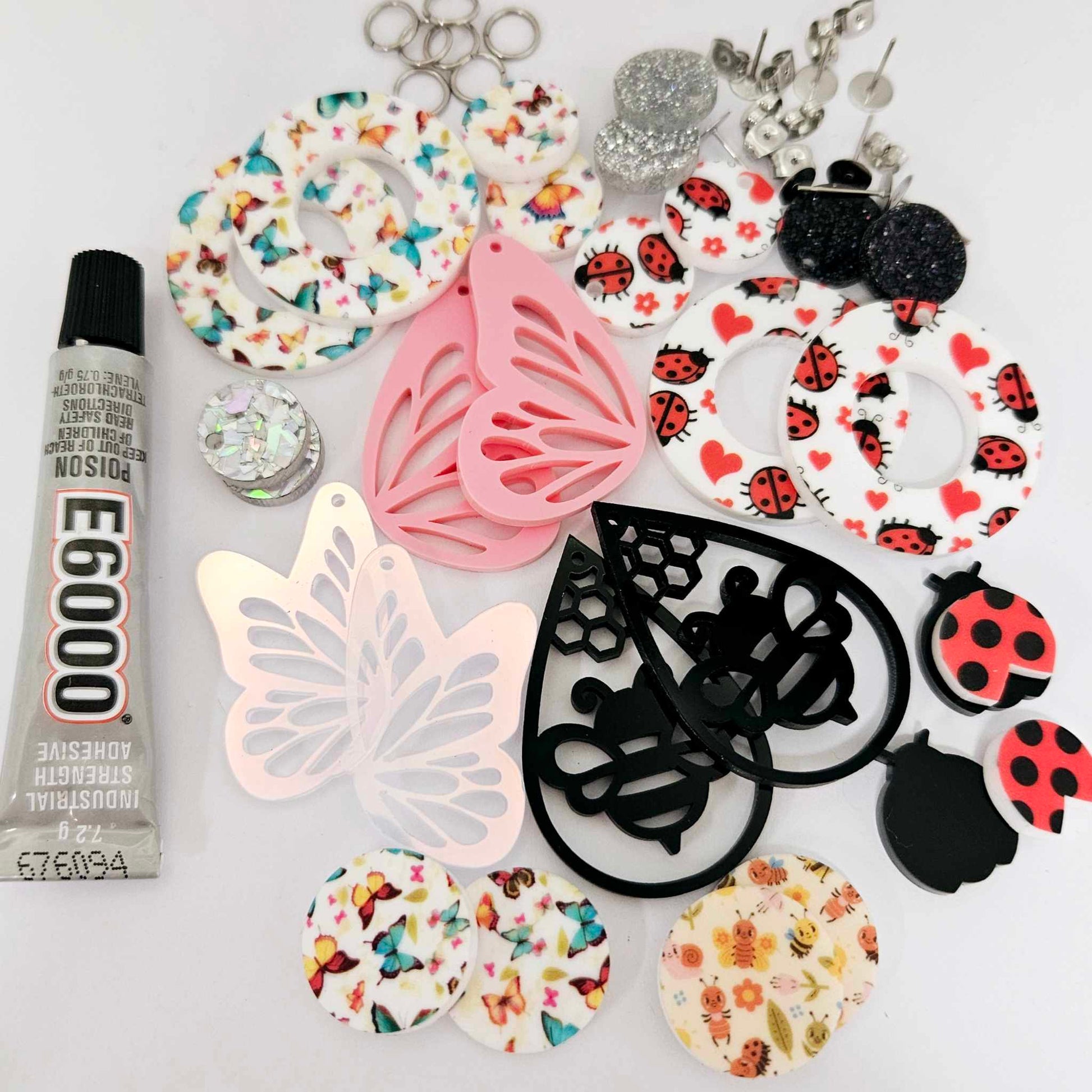 Bugs life butterfly bee ladybug DIY earring kit laser cut acrylic dangles blanks craft glue findings