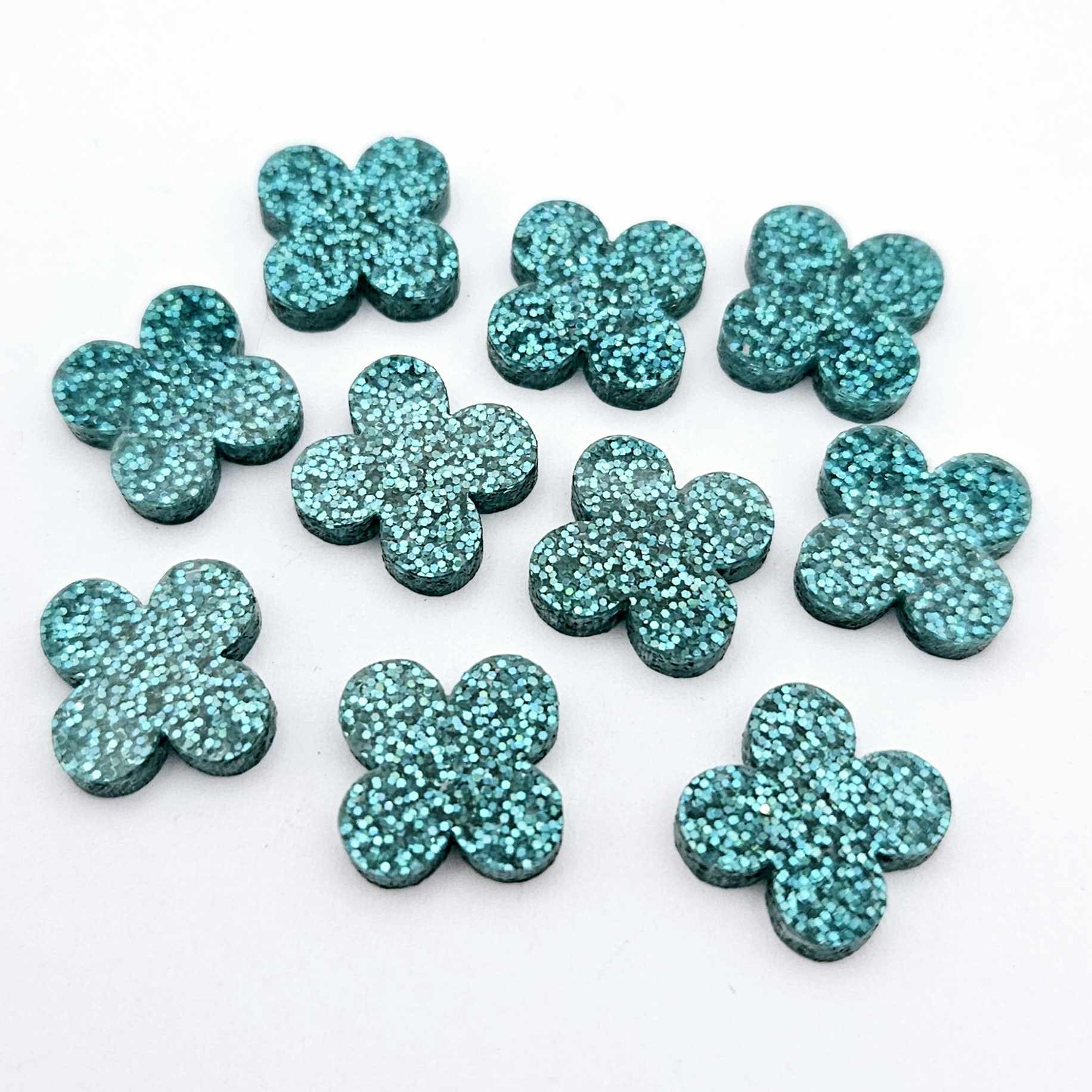teal turquoise glitter quatrefoil earring blanks, clover acrylic studs, glitter acrylic earring toppers, acrylic earring supplies, laser cut earring blanks, 15mm acrylic shapes, modern jewellery supplies, on-trend earring blanks, DIY earring parts, small business jewellery making