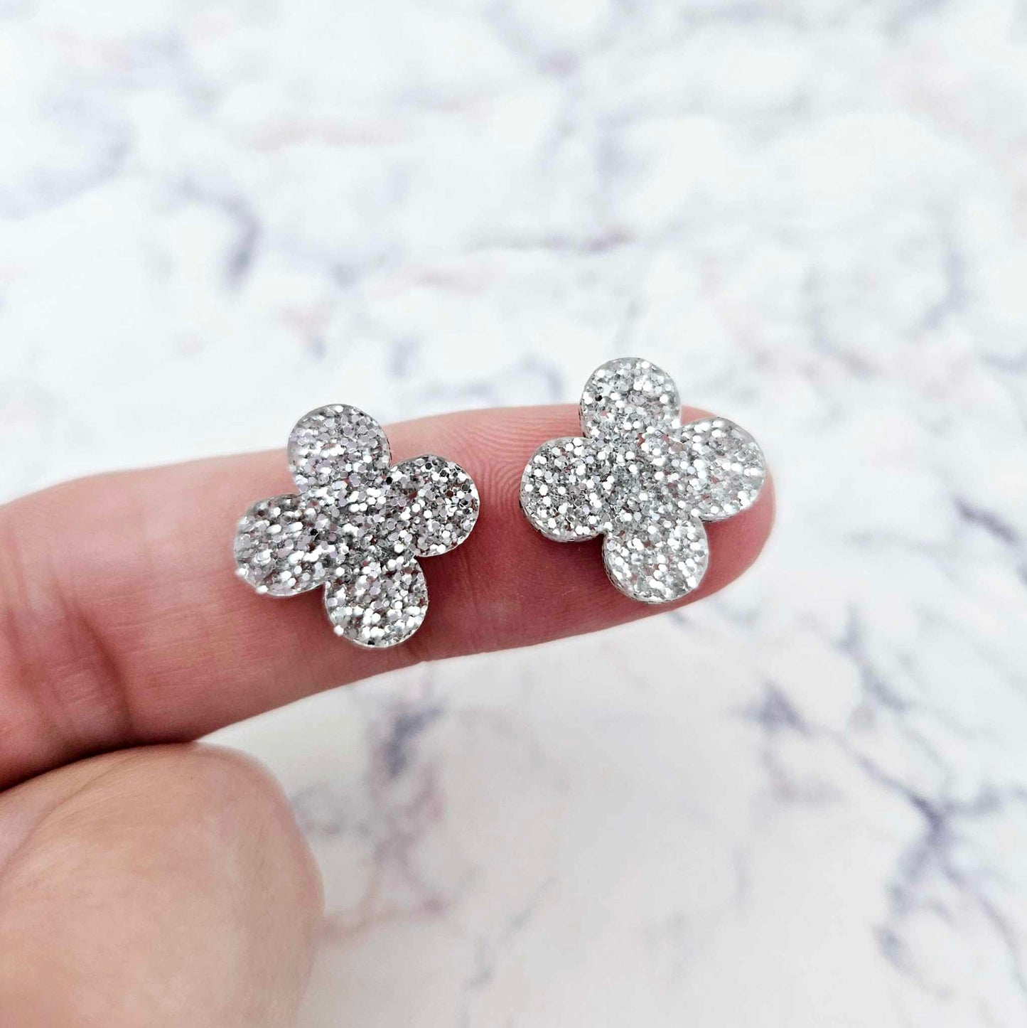 silver glitter quatrefoil earring blanks, clover acrylic studs, glitter acrylic earring toppers, acrylic earring supplies, laser cut earring blanks, 15mm acrylic shapes, modern jewellery supplies, on-trend earring blanks, DIY earring parts, small business jewellery making