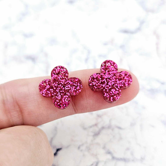 hot pink quatrefoil earring blanks, clover acrylic studs, glitter acrylic earring toppers, acrylic earring supplies, laser cut earring blanks, 15mm acrylic shapes, modern jewellery supplies, on-trend earring blanks, DIY earring parts, small business jewellery making