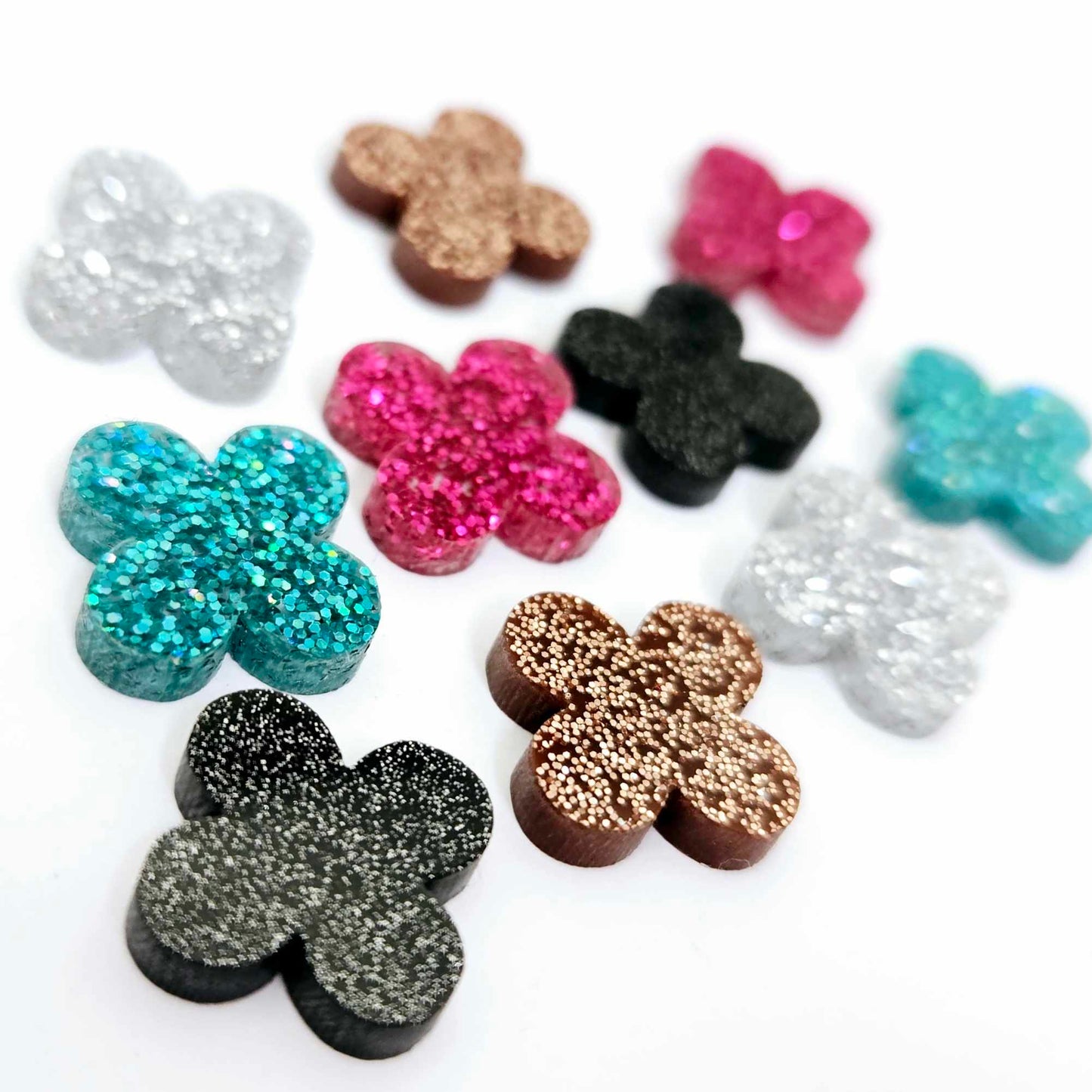 black silver hot pink copper rose gold teal turquoise glitter quatrefoil earring blanks, clover acrylic studs, glitter acrylic earring toppers, acrylic earring supplies, laser cut earring blanks, 15mm acrylic shapes, modern jewellery supplies, on-trend earring blanks, DIY earring parts, small business jewellery making