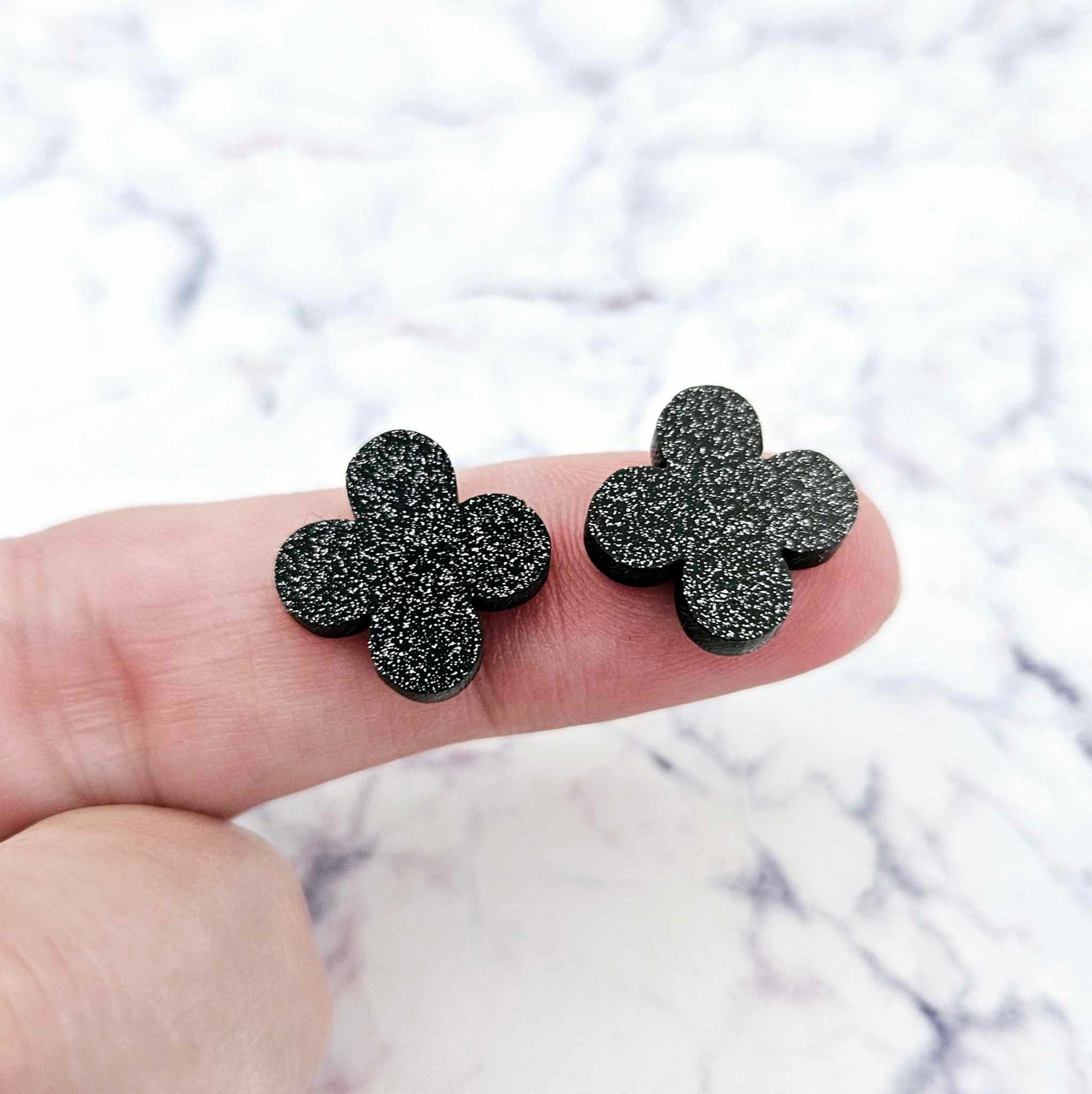 black glitter quatrefoil earring blanks, clover acrylic studs, glitter acrylic earring toppers, acrylic earring supplies, laser cut earring blanks, 15mm acrylic shapes, modern jewellery supplies, on-trend earring blanks, DIY earring parts, small business jewellery making