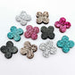 black silver hot pink copper rose gold teal turquoise glitter quatrefoil earring blanks, clover acrylic studs, glitter acrylic earring toppers, acrylic earring supplies, laser cut earring blanks, 15mm acrylic shapes, modern jewellery supplies, on-trend earring blanks, DIY earring parts, small business jewellery making