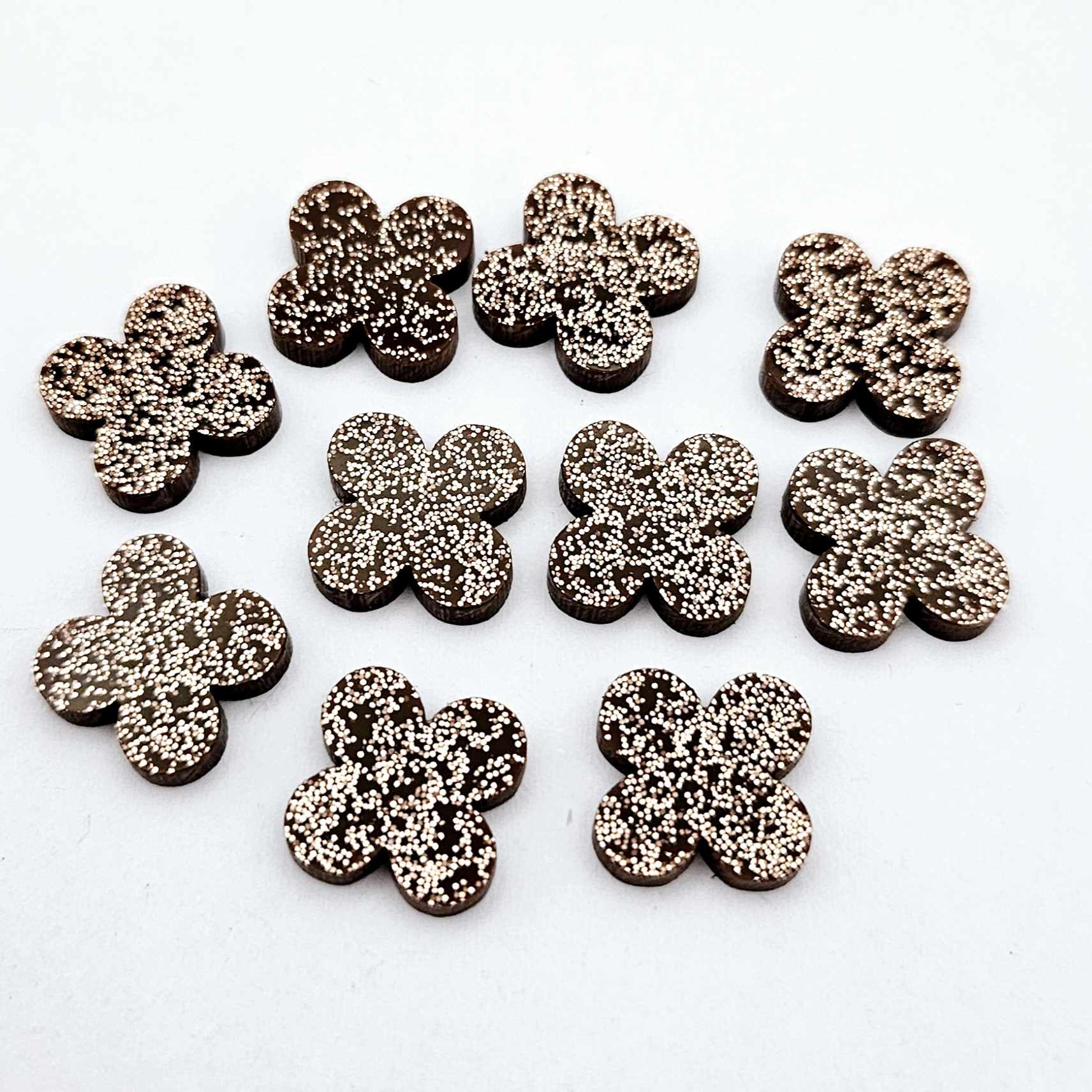 copper rose gold glitter quatrefoil earring blanks, clover acrylic studs, glitter acrylic earring toppers, acrylic earring supplies, laser cut earring blanks, 15mm acrylic shapes, modern jewellery supplies, on-trend earring blanks, DIY earring parts, small business jewellery making