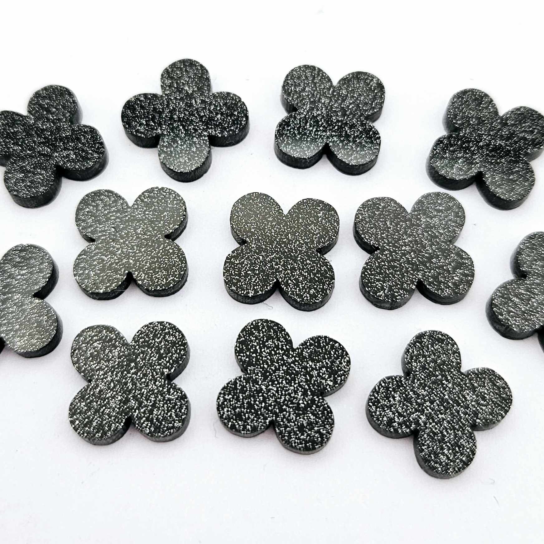 black glitter quatrefoil earring blanks, clover acrylic studs, glitter acrylic earring toppers, acrylic earring supplies, laser cut earring blanks, 15mm acrylic shapes, modern jewellery supplies, on-trend earring blanks, DIY earring parts, small business jewellery making