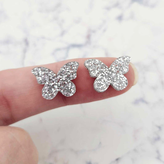silver glitter butterfly butterflies DIY earring supplies laser cut acrylic studs blanks findings petite small kids