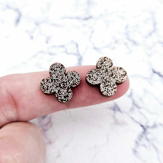 copper rose gold glitter quatrefoil earring blanks, clover acrylic studs, glitter acrylic earring toppers, acrylic earring supplies, laser cut earring blanks, 15mm acrylic shapes, modern jewellery supplies, on-trend earring blanks, DIY earring parts, small business jewellery making