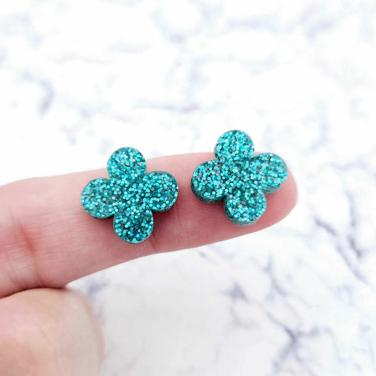 teal turquoise glitter quatrefoil earring blanks, clover acrylic studs, glitter acrylic earring toppers, acrylic earring supplies, laser cut earring blanks, 15mm acrylic shapes, modern jewellery supplies, on-trend earring blanks, DIY earring parts, small business jewellery making
