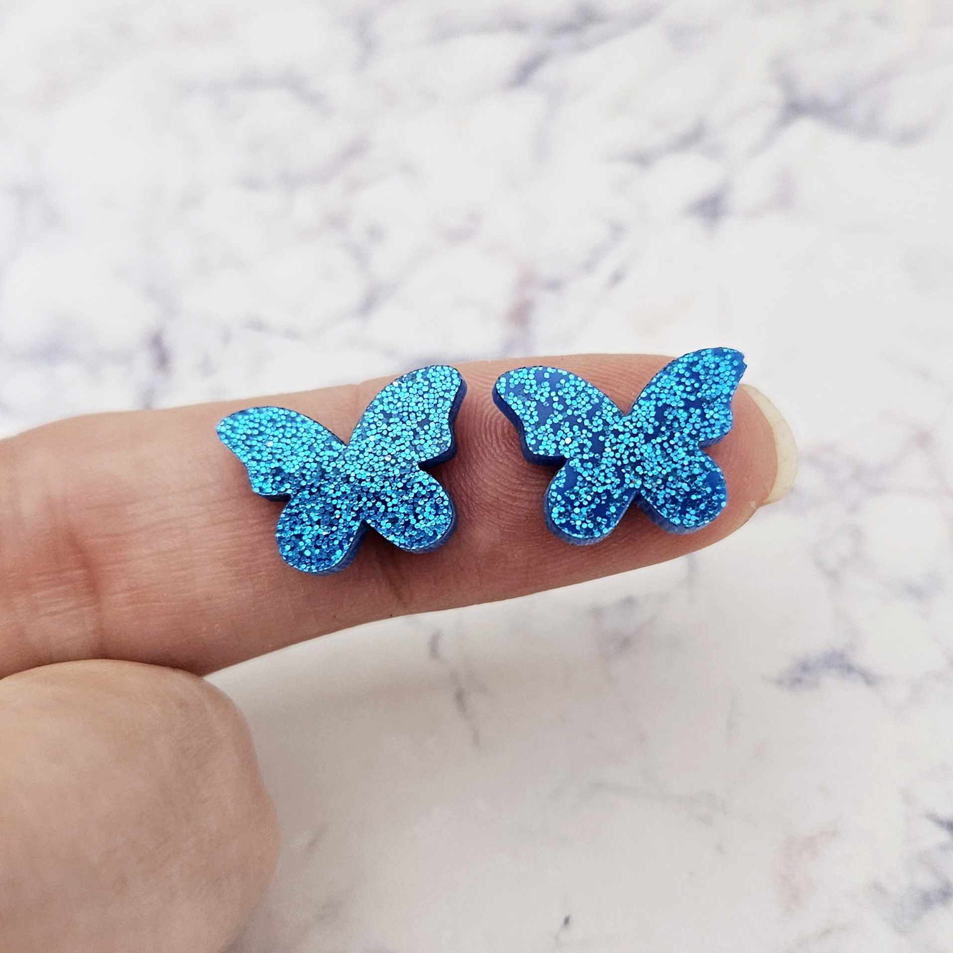 sky blue glitter butterfly butterflies DIY earring supplies laser cut acrylic studs blanks findings petite small kids