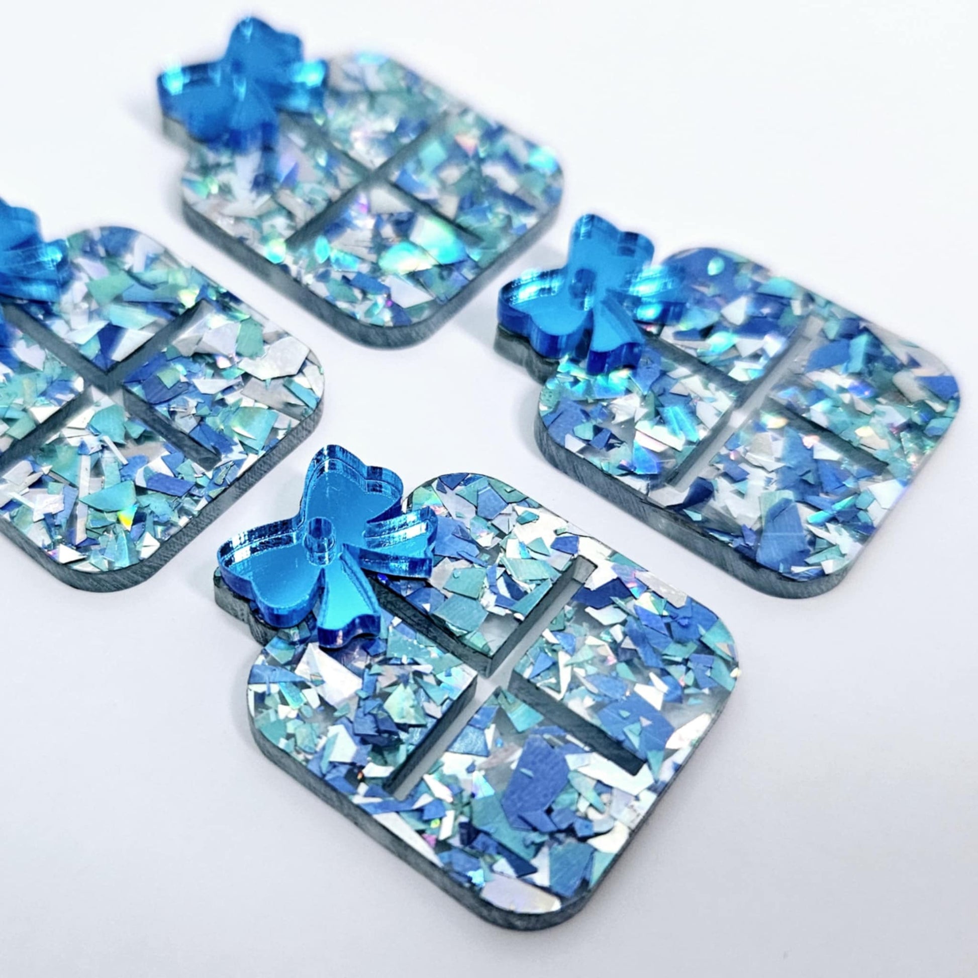 chunky aqua glitter blue silver mirror Christmas present bows DIY earring supplies laser cut acrylic dangles blanks