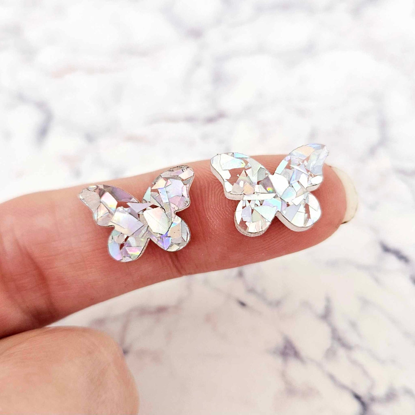 holographic silver glitter butterfly butterflies DIY earring supplies laser cut acrylic studs blanks findings petite small kids