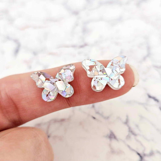 holographic silver glitter butterfly butterflies DIY earring supplies laser cut acrylic studs blanks findings petite small kids