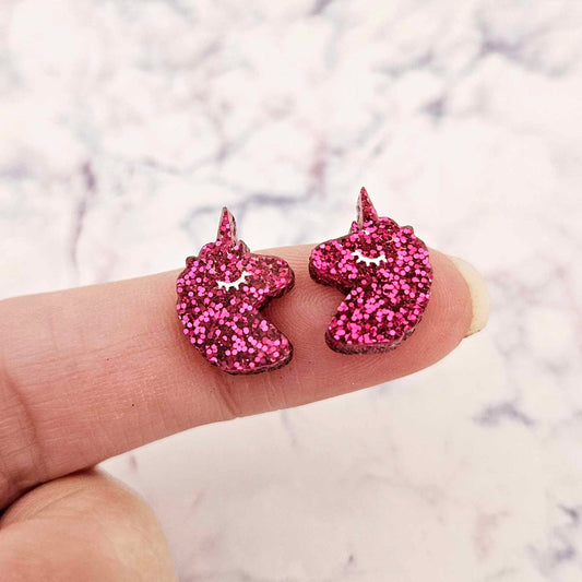 hot pink glitter unicorn unicorns DIY earring supplies laser cut acrylic studs blanks kids petite eyelashes