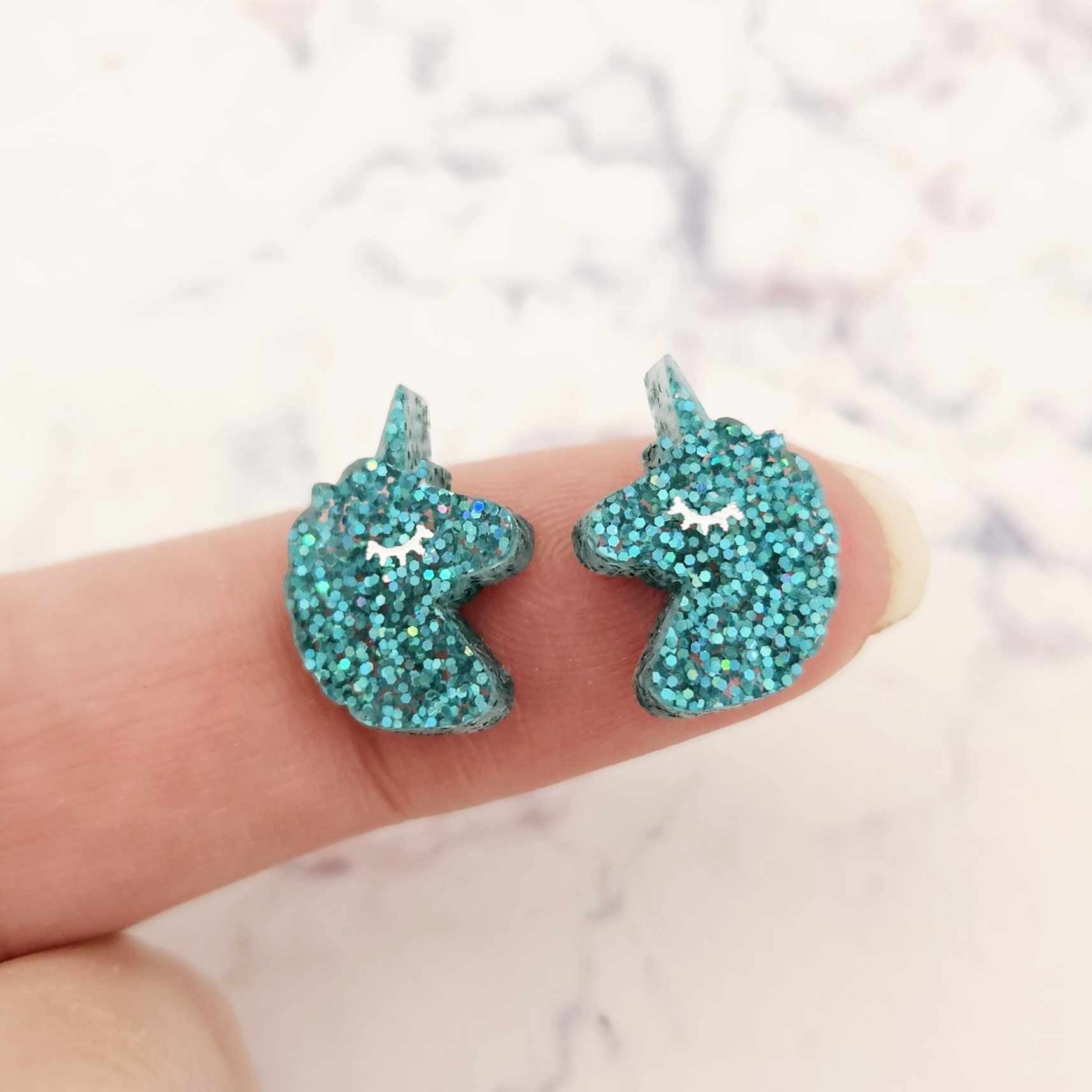 teal glitter unicorn unicorns DIY earring supplies laser cut acrylic studs blanks kids petite eyelashes