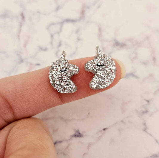 silver glitter unicorn unicorns DIY earring supplies laser cut acrylic studs blanks kids petite eyelashes