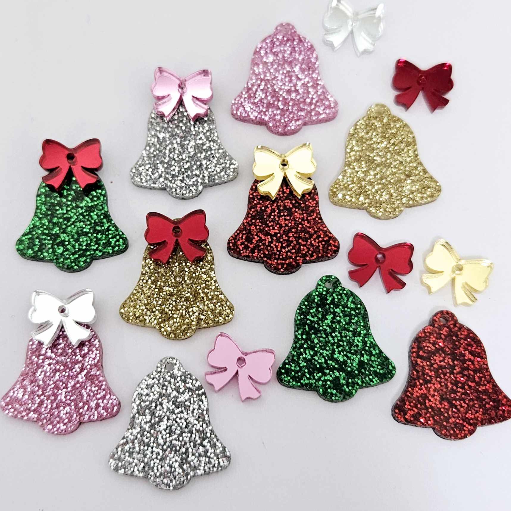 pink silver green red gold glitter bells mirror bows Christmas Xmas DIY earring supplies laser cut acrylic dangles blanks layered hoops mixed pack