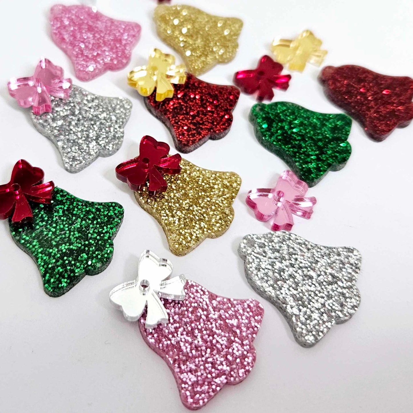 pink silver green red gold glitter bells mirror bows Christmas Xmas DIY earring supplies laser cut acrylic dangles blanks layered hoops mixed pack