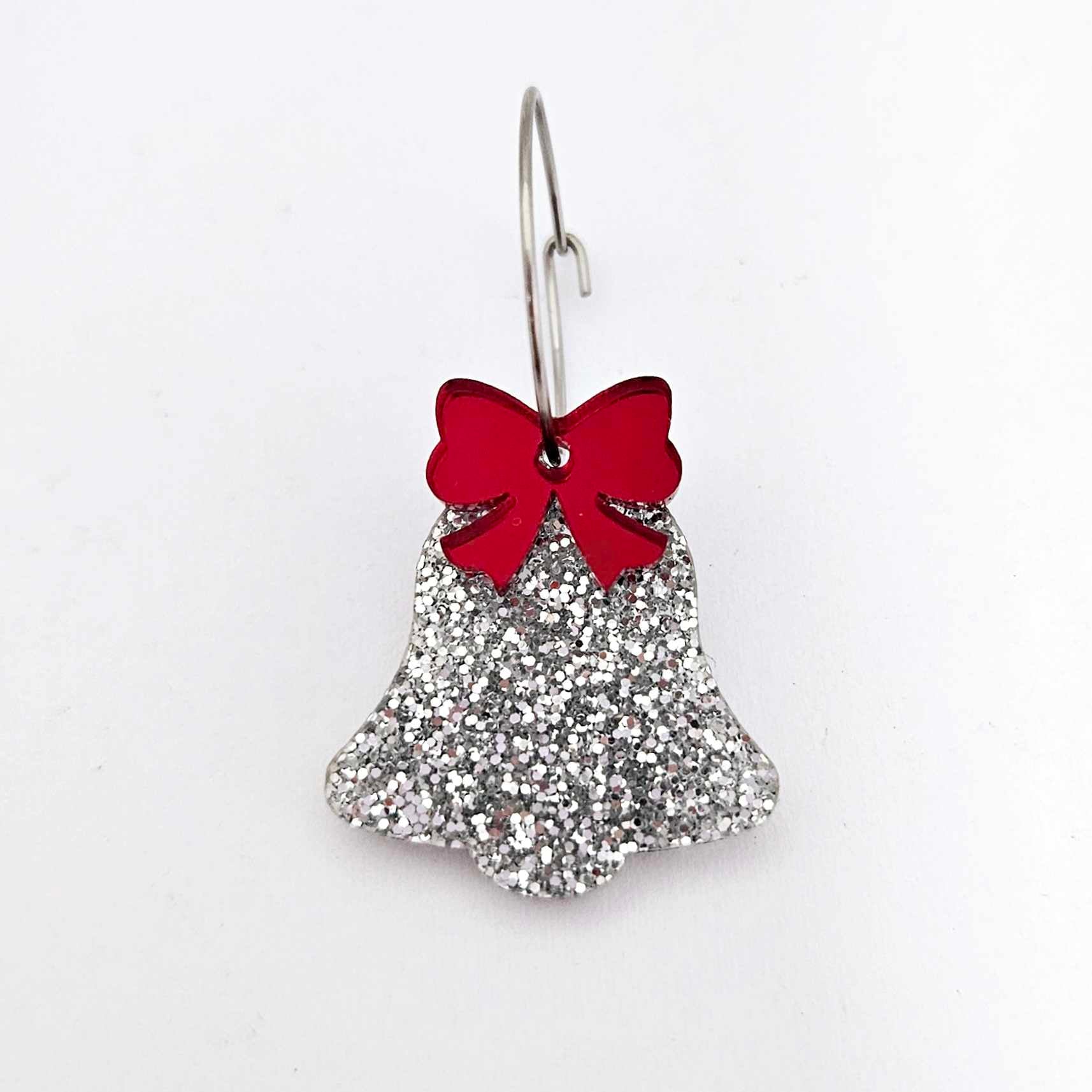 silver glitter bells red pink mirror bows Christmas Xmas DIY earring supplies laser cut acrylic dangles blanks layered hoops