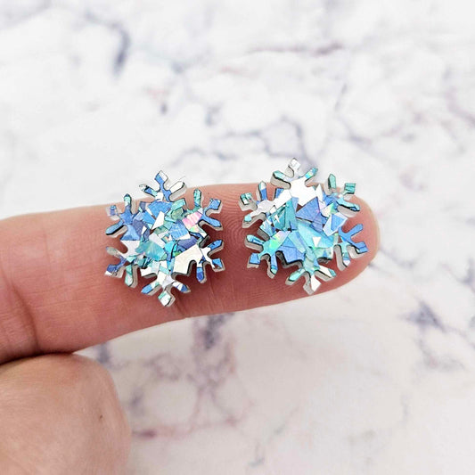 chunky aqua glitter blue silver snowflakes Christmas Xmas DIY earring supplies laser cut acrylic studs blanks findings