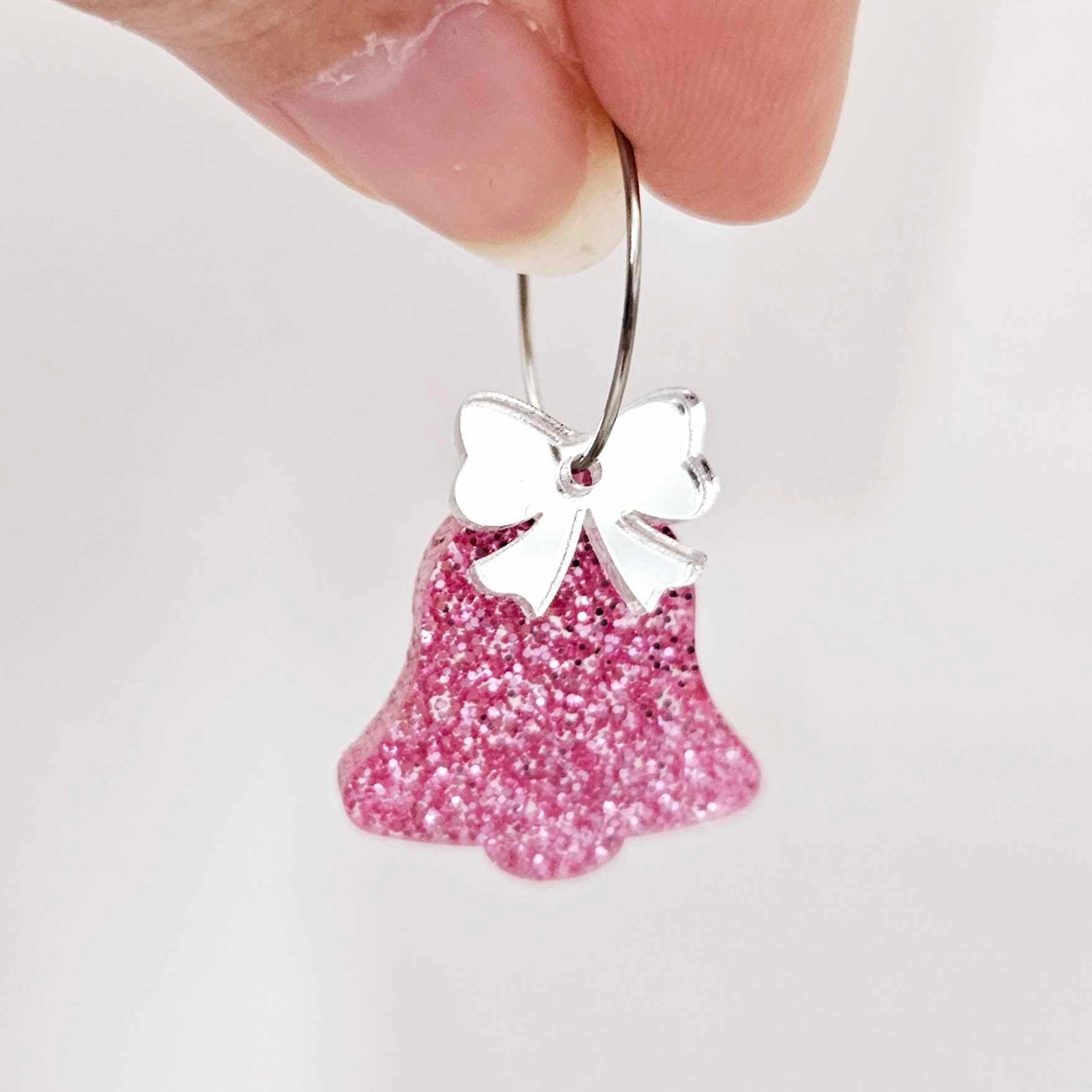 pink glitter bells silver mirror bows Christmas Xmas DIY earring supplies laser cut acrylic dangles blanks layered hoops