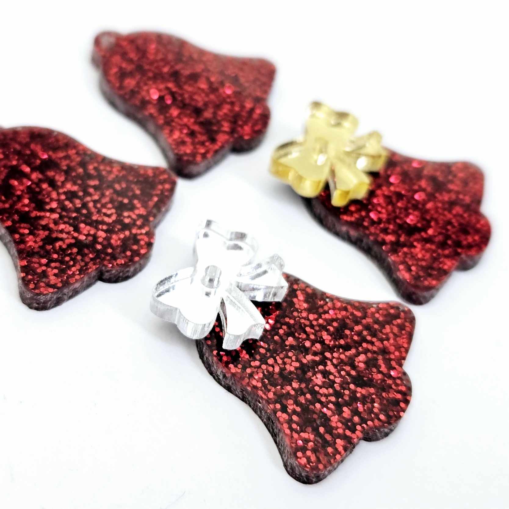 red glitter bells silver gold mirror bows Christmas Xmas DIY earring supplies laser cut acrylic dangles blanks layered hoops
