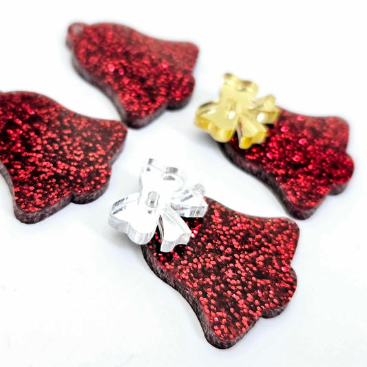 red glitter bells silver gold mirror bows Christmas Xmas DIY earring supplies laser cut acrylic dangles blanks layered hoops