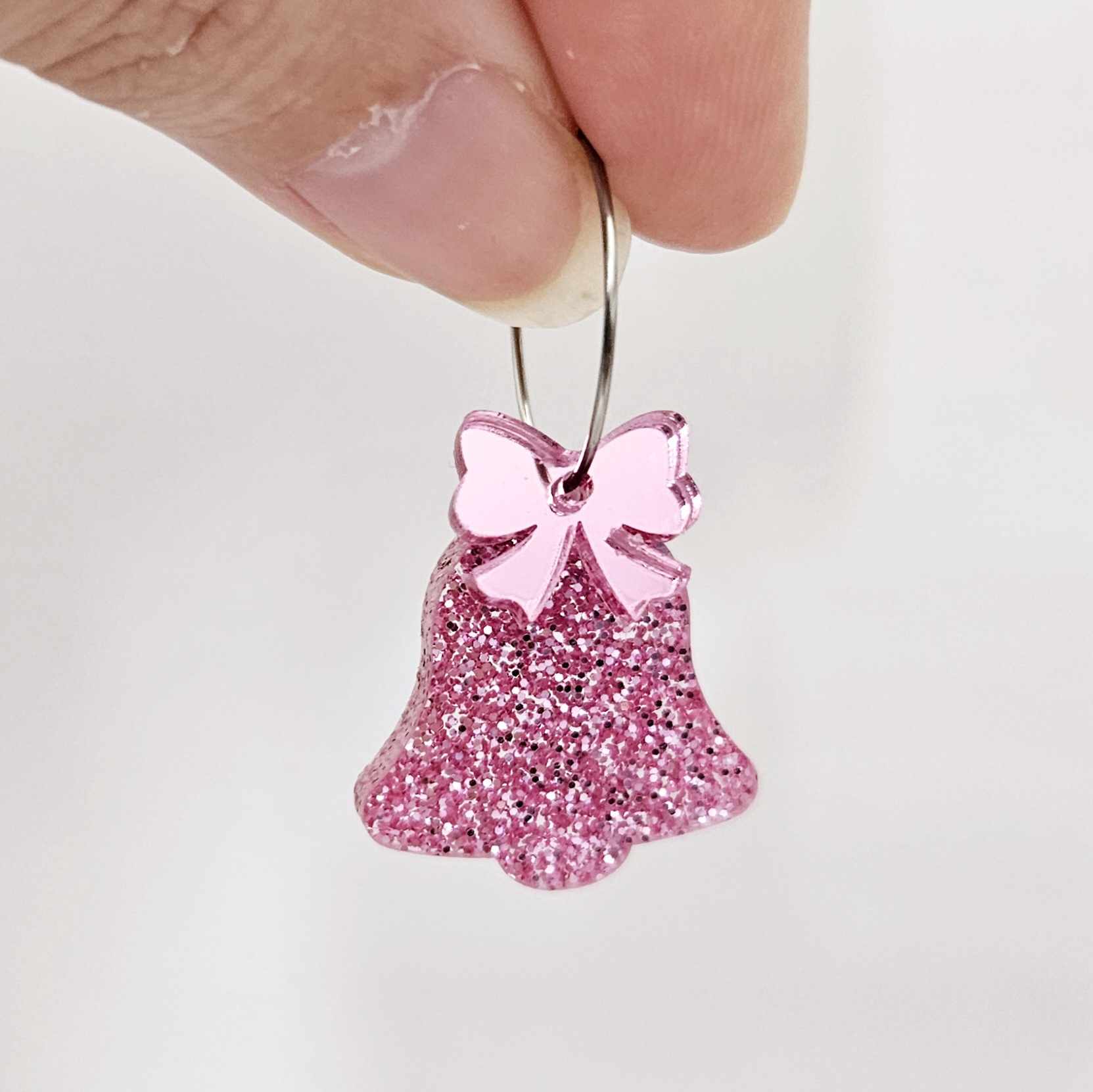 pink glitter bells silver mirror bows Christmas Xmas DIY earring supplies laser cut acrylic dangles blanks layered hoops