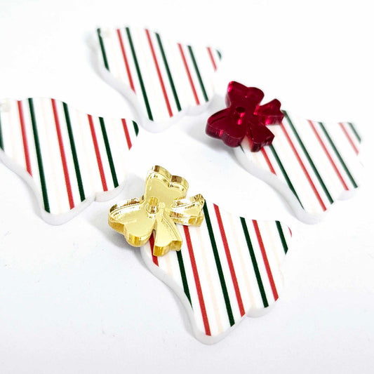 stripy red green gold bells bows Christmas Xmas UV printed DIY earring supplies laser cut acrylic dangles blanks layered hoops