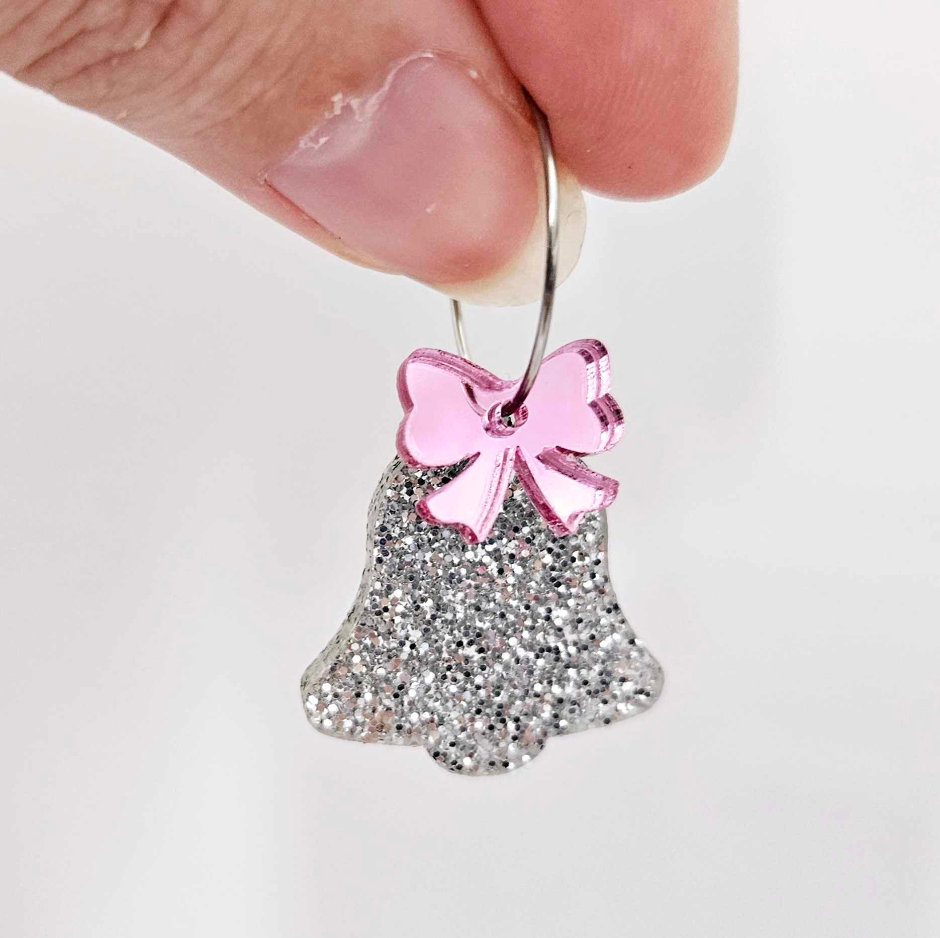 silver glitter bells red pink mirror bows Christmas Xmas DIY earring supplies laser cut acrylic dangles blanks layered hoops