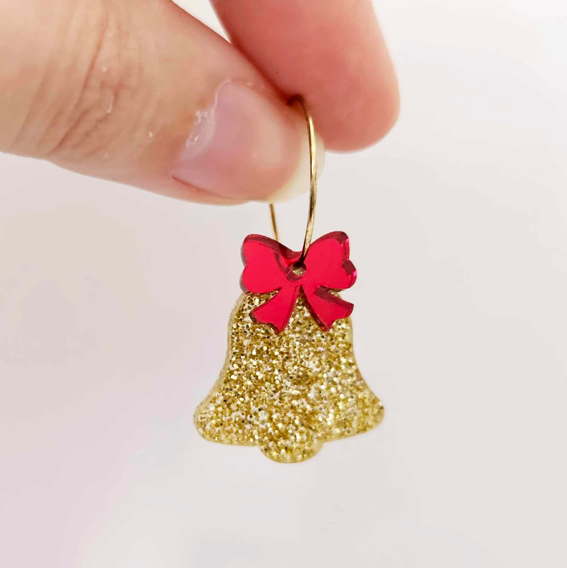 gold glitter bells red mirror bows Christmas Xmas DIY earring supplies laser cut acrylic dangles blanks layered hoops