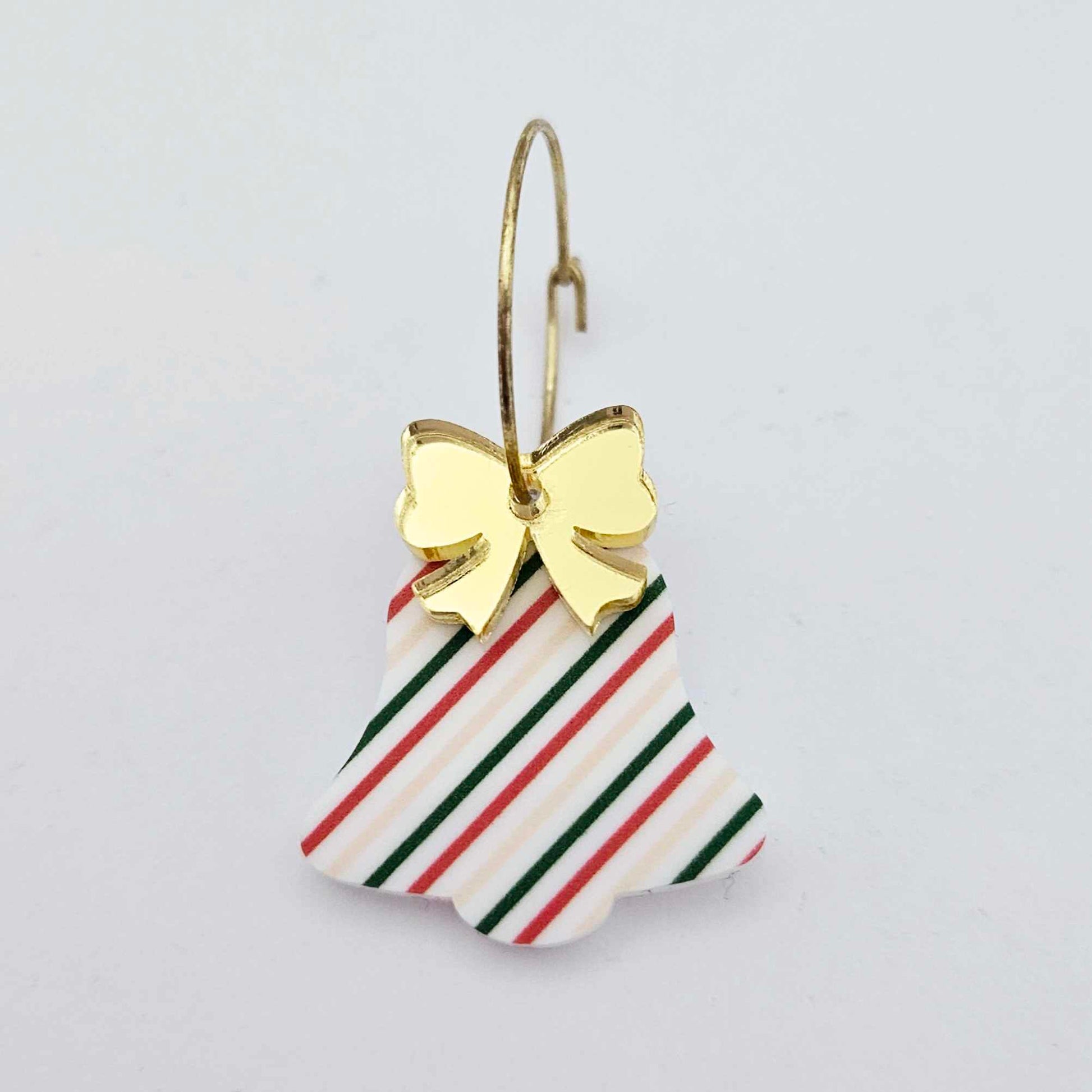 stripy red green gold bells bows Christmas Xmas UV printed DIY earring supplies laser cut acrylic dangles blanks layered hoops