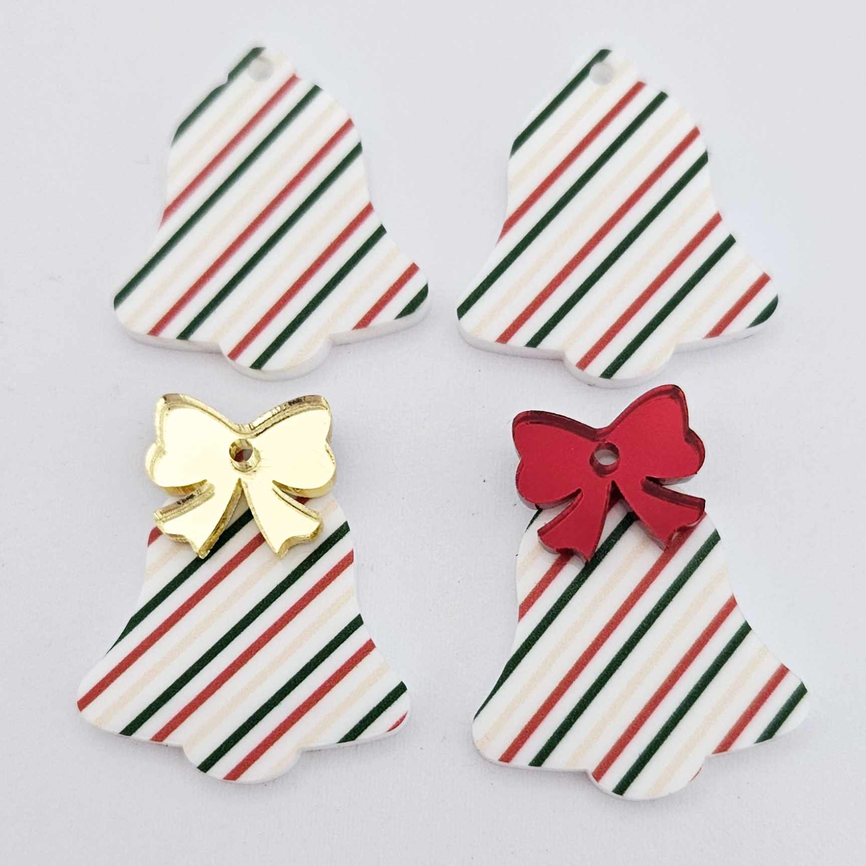 stripy red green gold bells bows Christmas Xmas UV printed DIY earring supplies laser cut acrylic dangles blanks layered hoops