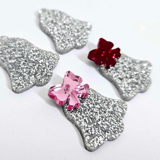 silver glitter bells red pink mirror bows Christmas Xmas DIY earring supplies laser cut acrylic dangles blanks layered hoops