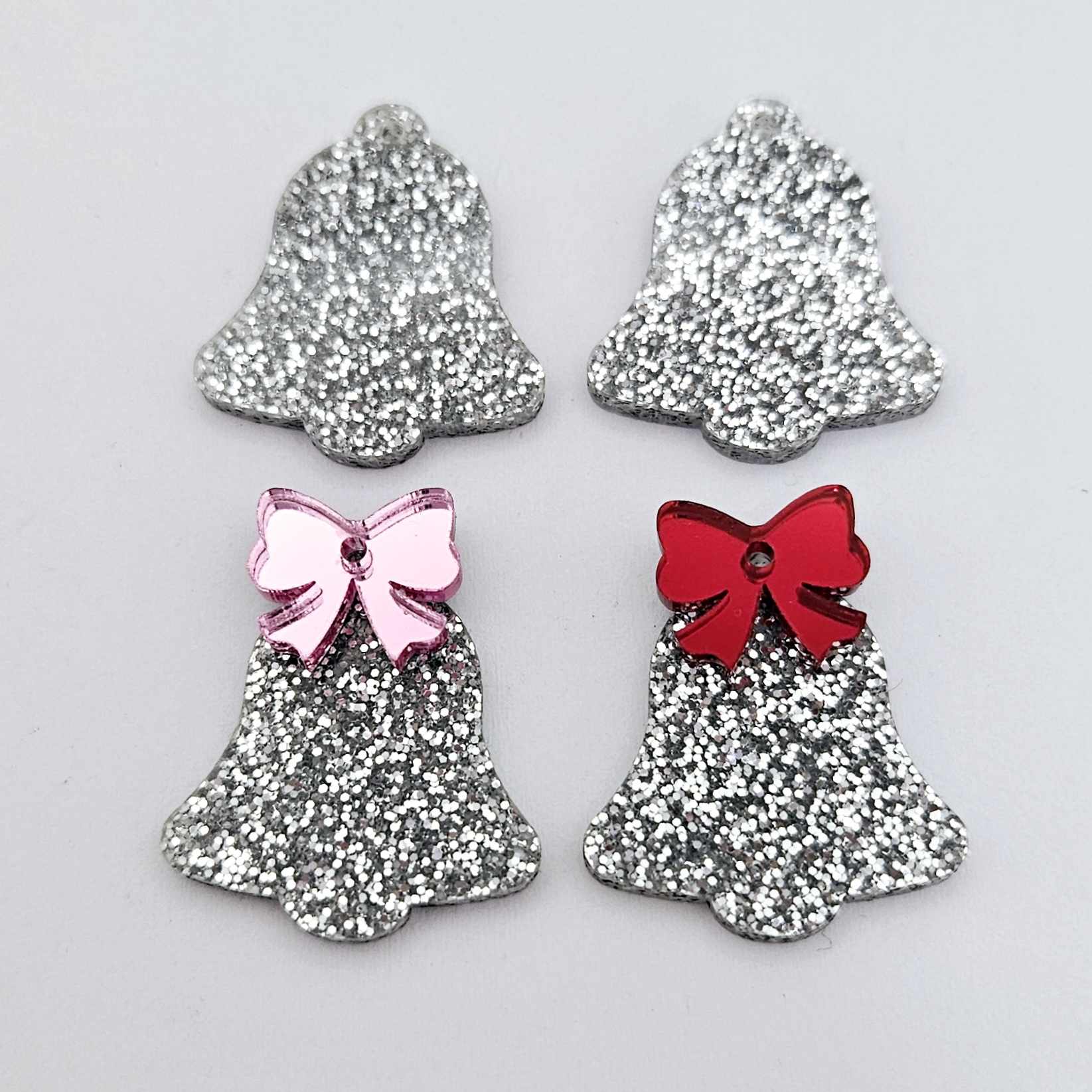 silver glitter bells red pink mirror bows Christmas Xmas DIY earring supplies laser cut acrylic dangles blanks layered hoops