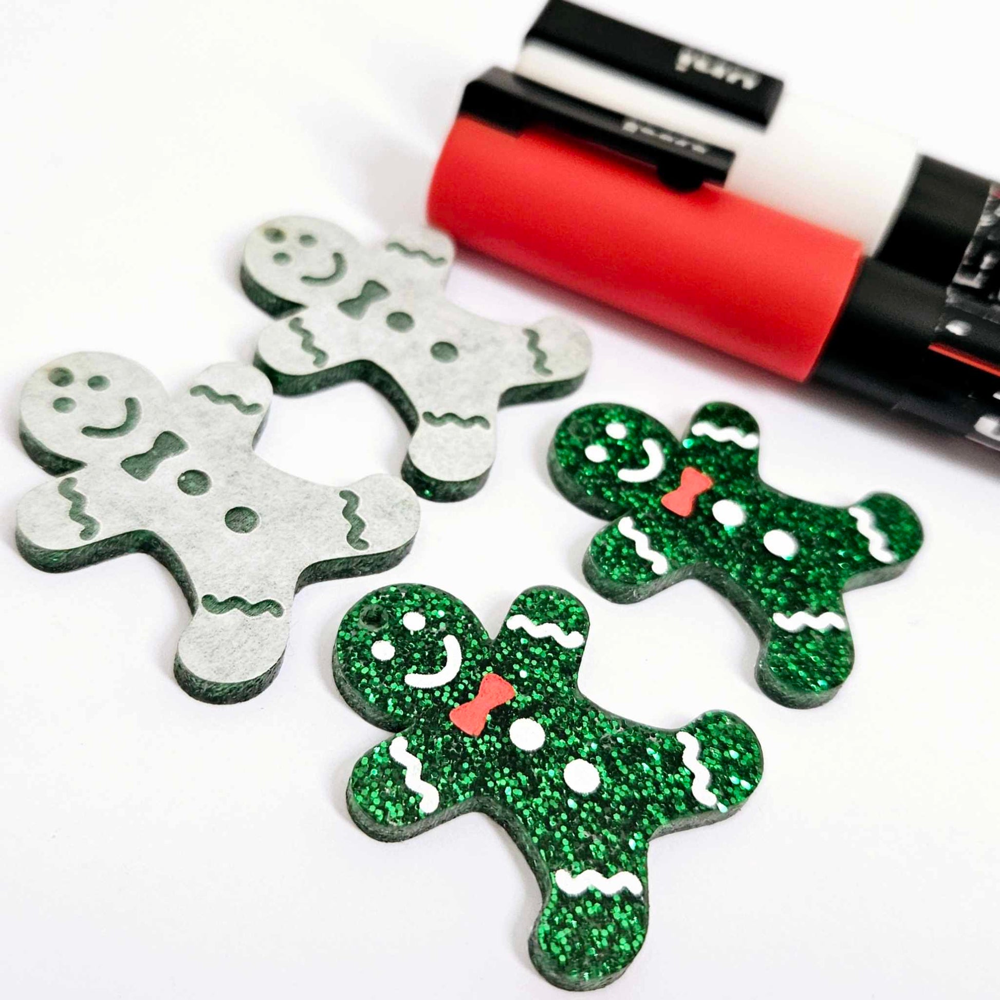 green glitter gingerbread men Christmas Xmas DIY earring supplies laser cut acrylic dangles blanks engraved paint fill