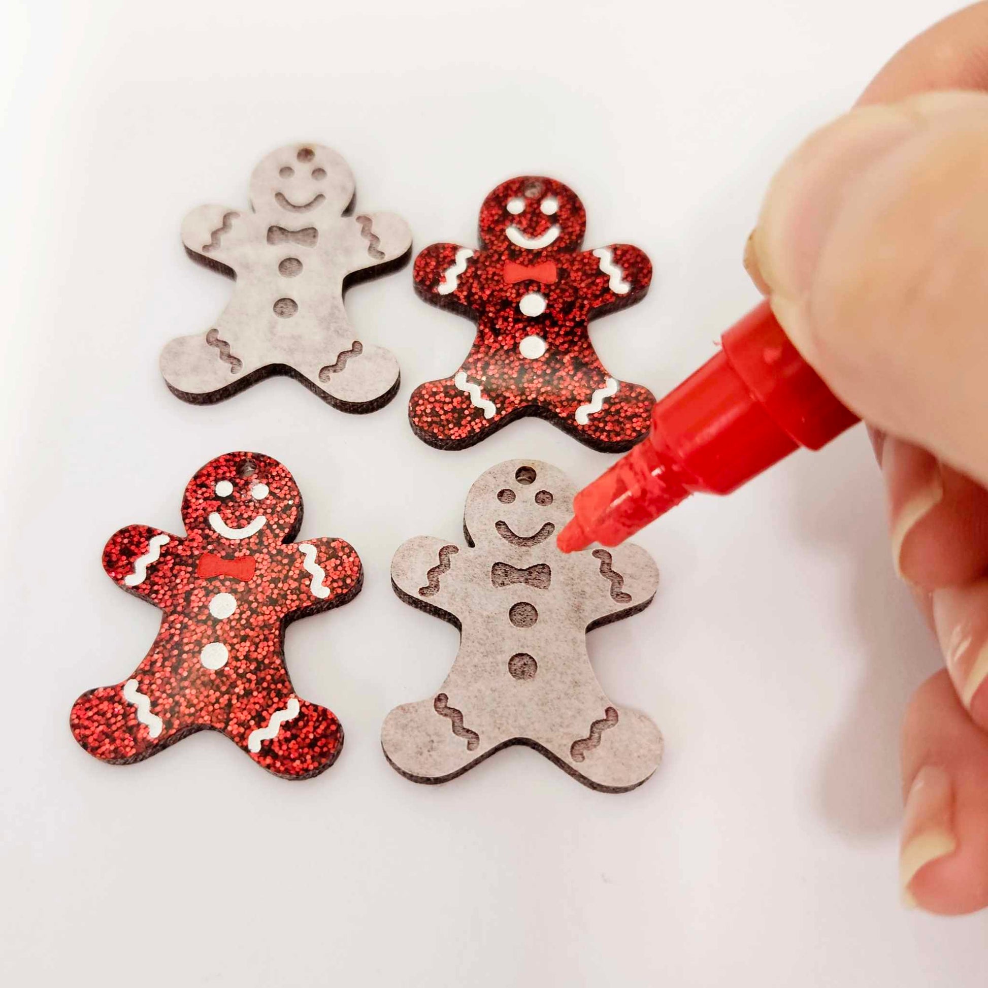 red glitter gingerbread men Christmas Xmas DIY earring supplies laser cut acrylic dangles blanks engraved paint fill
