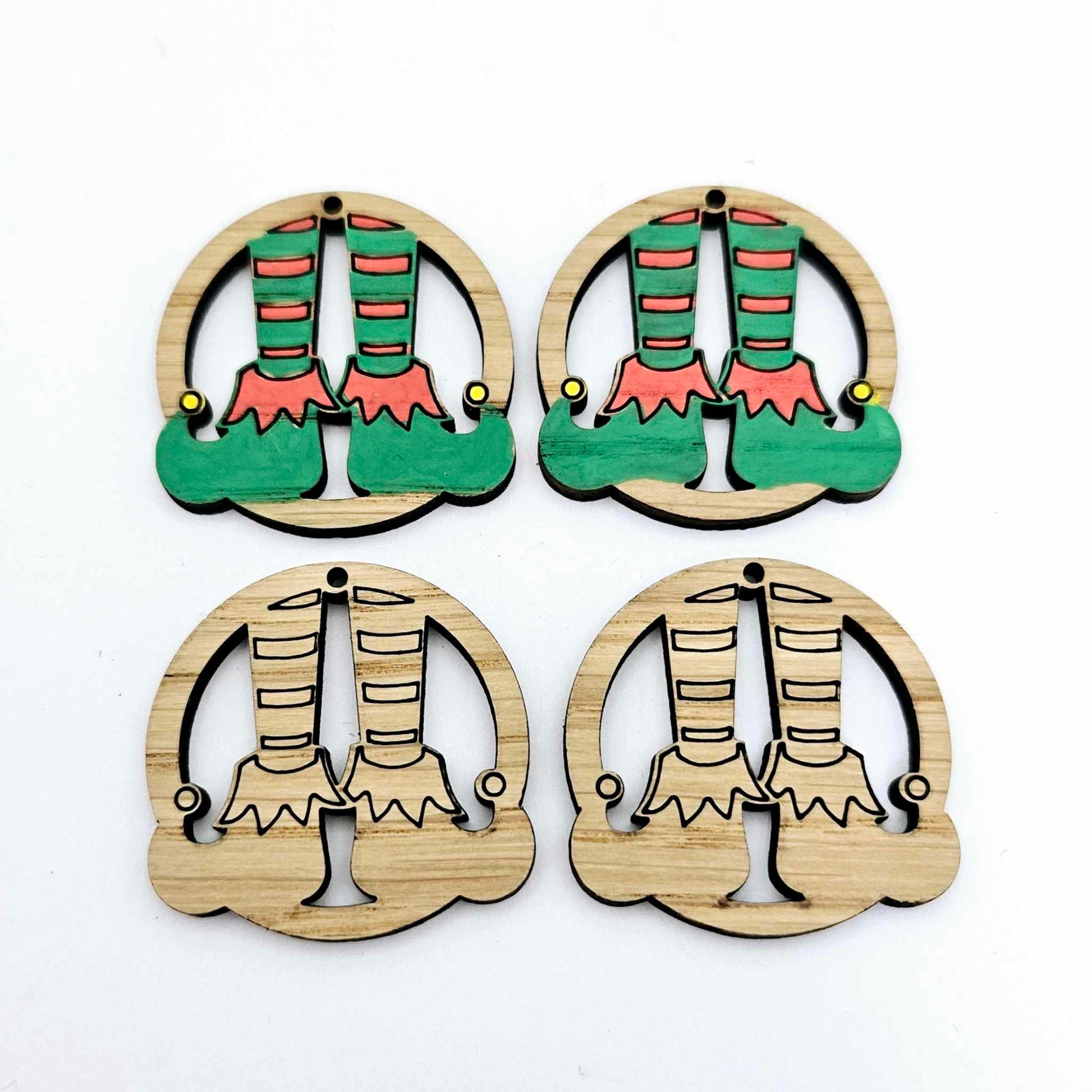 oak wood veneer elf legs hoops Christmas Xmas DIY earring supplies laser cut acrylic paint fill engraved