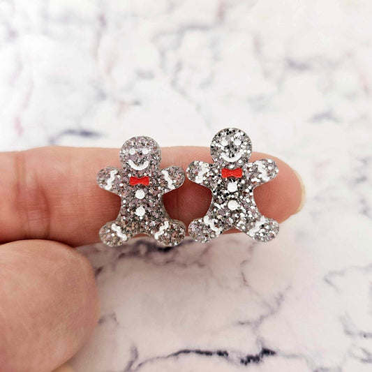 silver glitter gingerbread men Christmas Xmas DIY earring supplies laser cut acrylic studs blanks engraved paint fill mixed pack