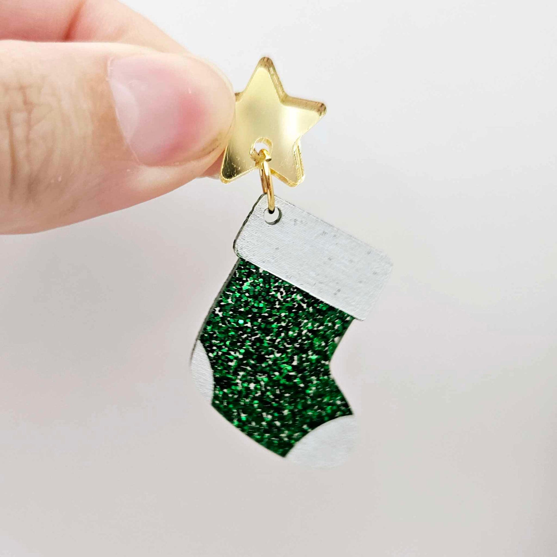 green glitter stockings Christmas DIY earring supplies laser cut acrylic dangles blanks engraved paint fill craft