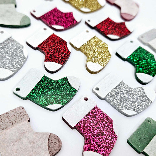 silver red green gold hot pink glitter stockings Christmas DIY earring supplies laser cut acrylic dangles blanks engraved paint fill craft mixed pack