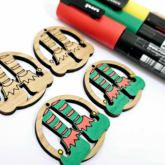 oak wood veneer elf legs hoops Christmas Xmas DIY earring supplies laser cut acrylic paint fill engraved