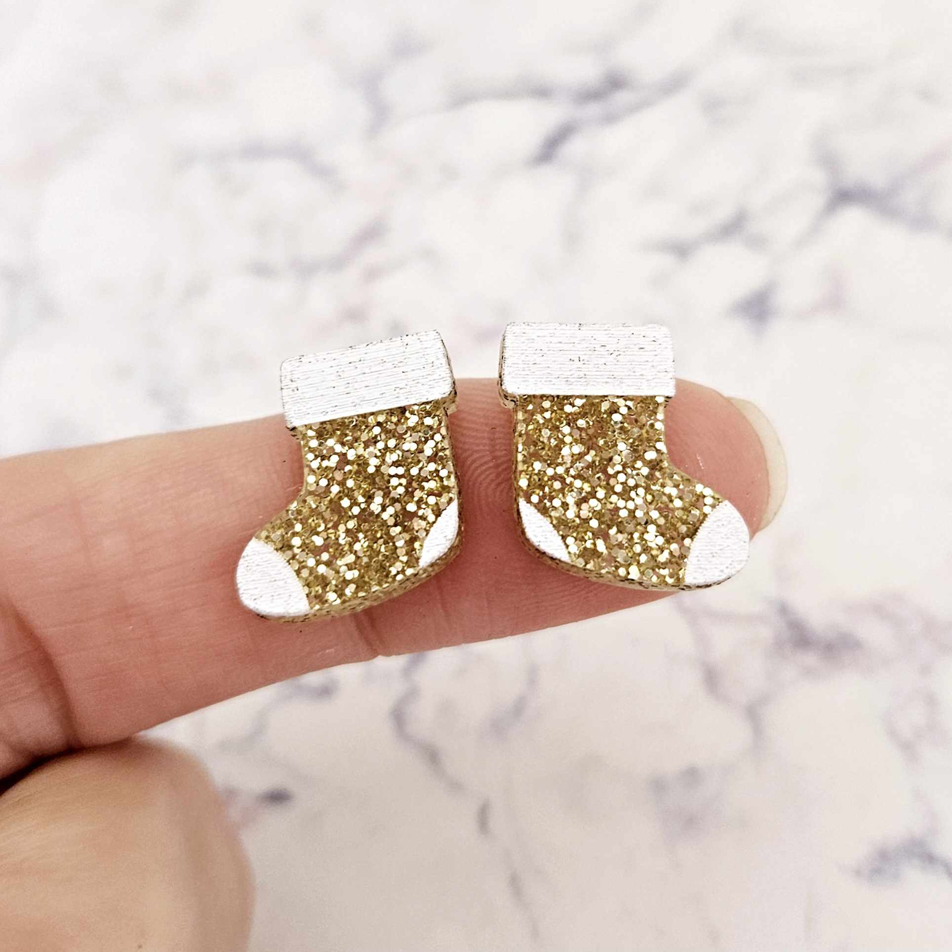 gold glitter stockings Christmas Xmas DIY earring supplies laser cut acrylic studs blanks paint fill engraved