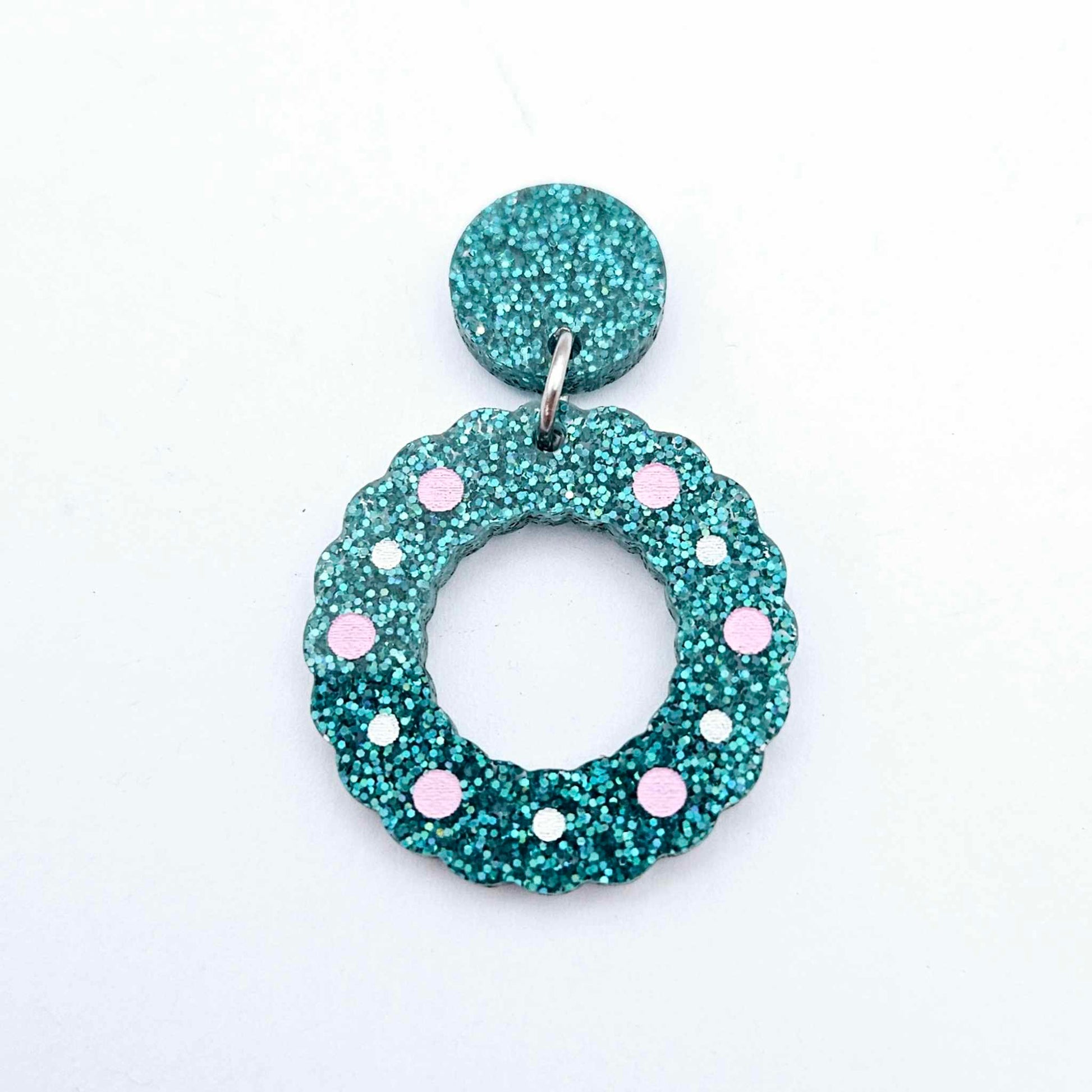 teal glitter wreath Christmas Xmas bows DIY earring supplies laser cut acrylic dangles blanks engraved paint filled baubles layered hoops