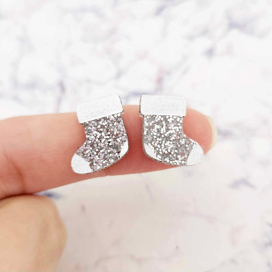 silver glitter stockings Christmas Xmas DIY earring supplies laser cut acrylic studs blanks paint fill engraved